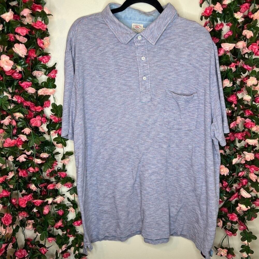 Faherty Men’s Heathered Blue Knit Polo Shirt XXL 100% Cotton Short Sleeve